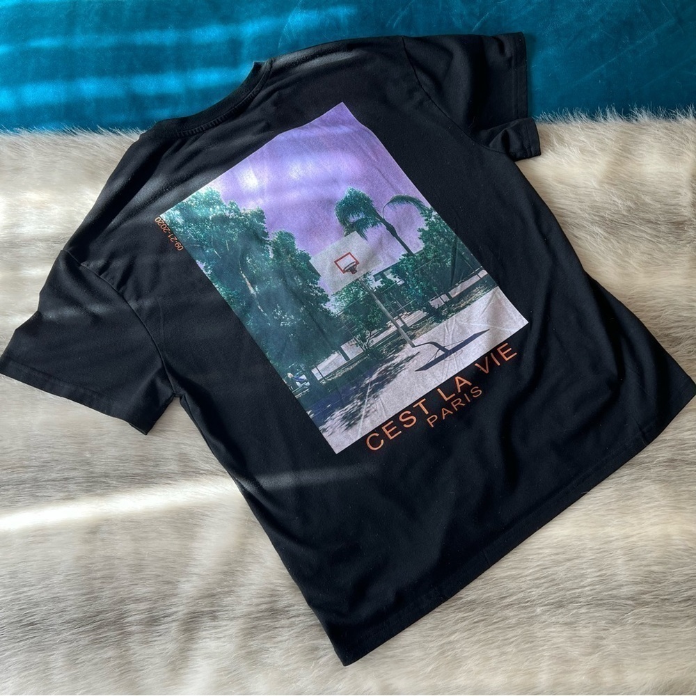 SHEIN Black Short Sleeve Oversized T-Shirt XS Basketball Court Graphic Paris